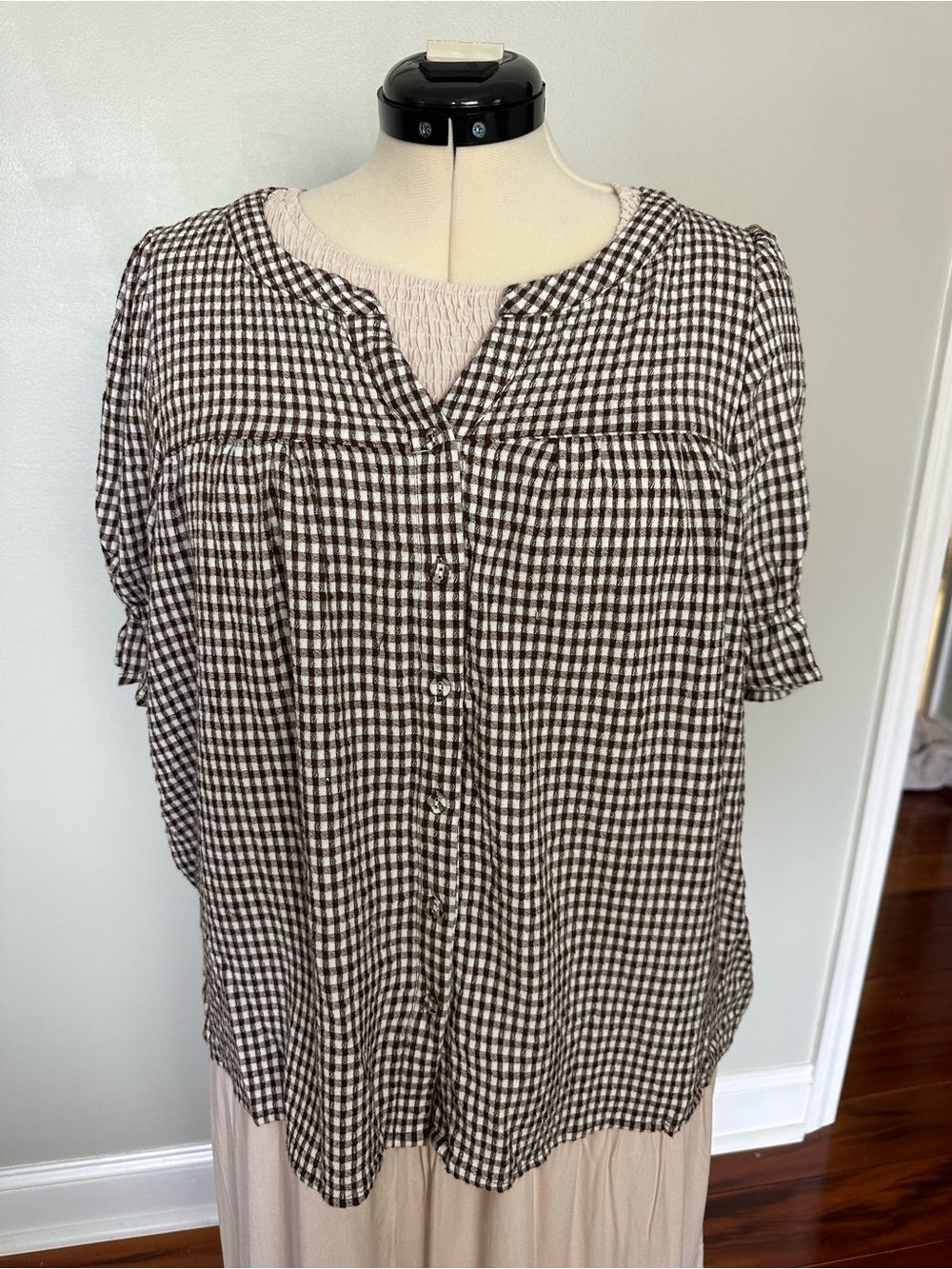 Jane and Delancey Brown and White Gingham Button-Down Top